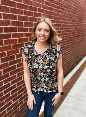 Black Floral Ruffle Top - #6624-6627
