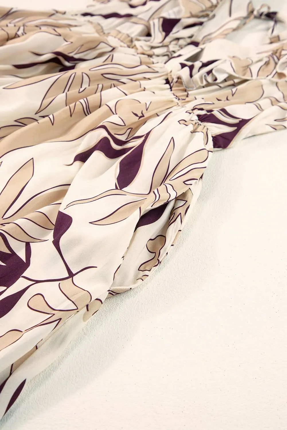 Brown Ruffled V Neck Leaves Print Long Dress - Chic Style