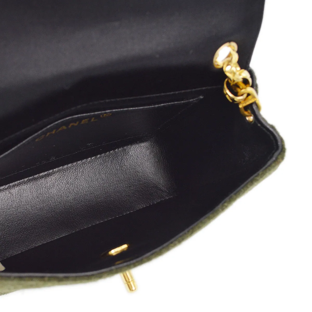 Chanel 1989-1991 Black Green Satin Felt Straight Flap Shoulder Bag