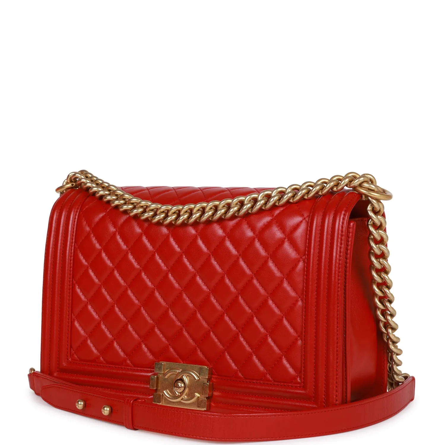 Chanel New Medium Boy Bag Red Lambskin Antique Gold Hardware