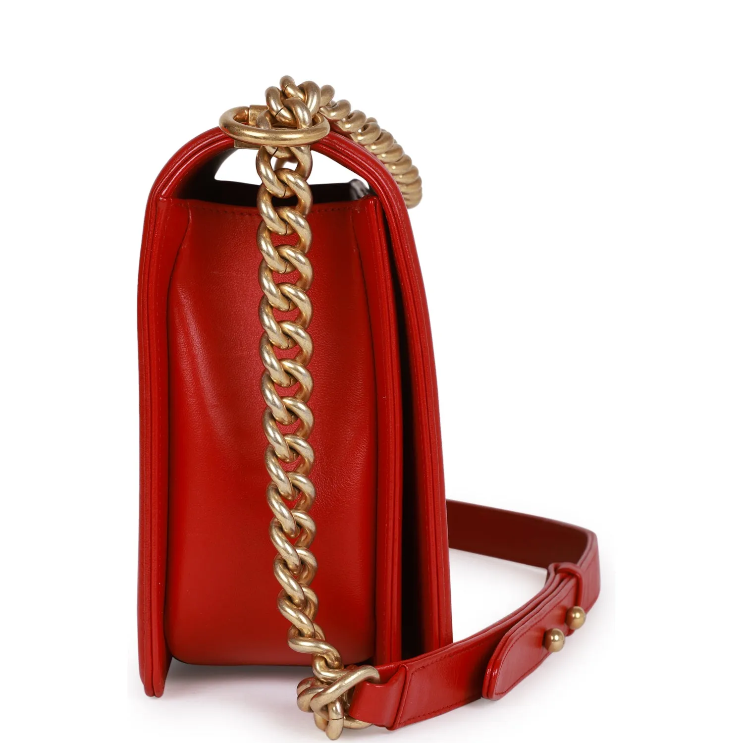 Chanel New Medium Boy Bag Red Lambskin Antique Gold Hardware