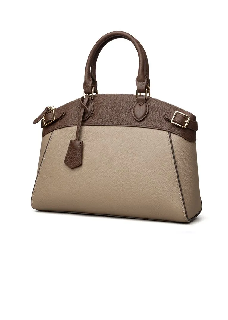 Colorblock Khaki Genuine Leather Tote Bag
