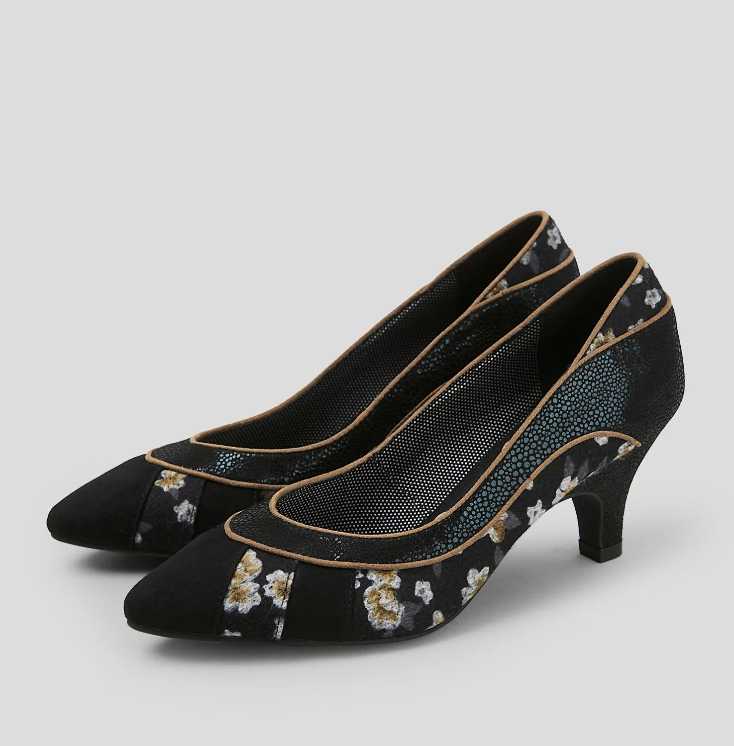 Daphne Black Floral Pointed Court Shoes by Ruby Shoo