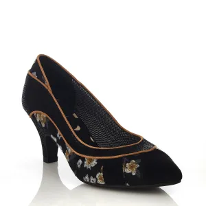 Daphne Black Floral Pointed Court Shoes by Ruby Shoo