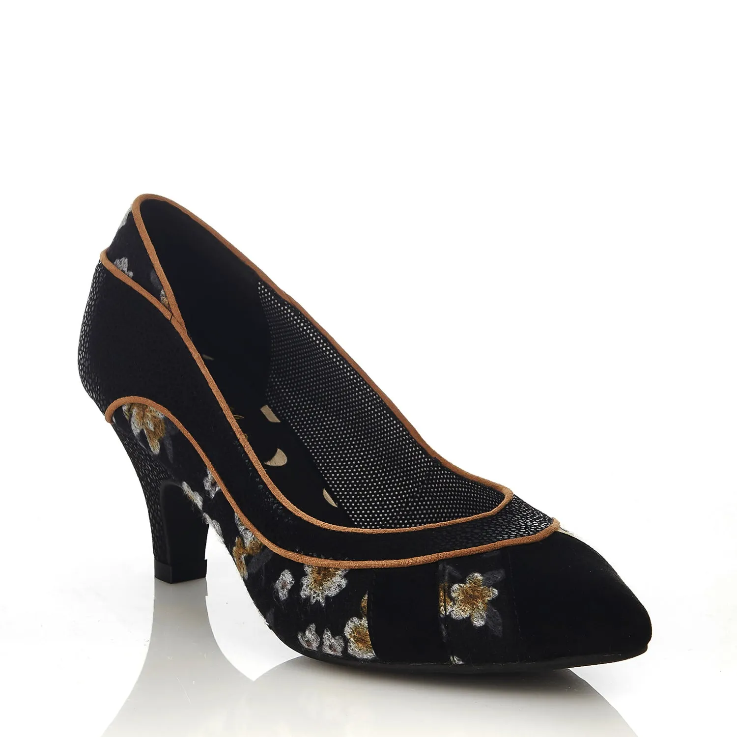 Daphne Black Floral Pointed Court Shoes by Ruby Shoo