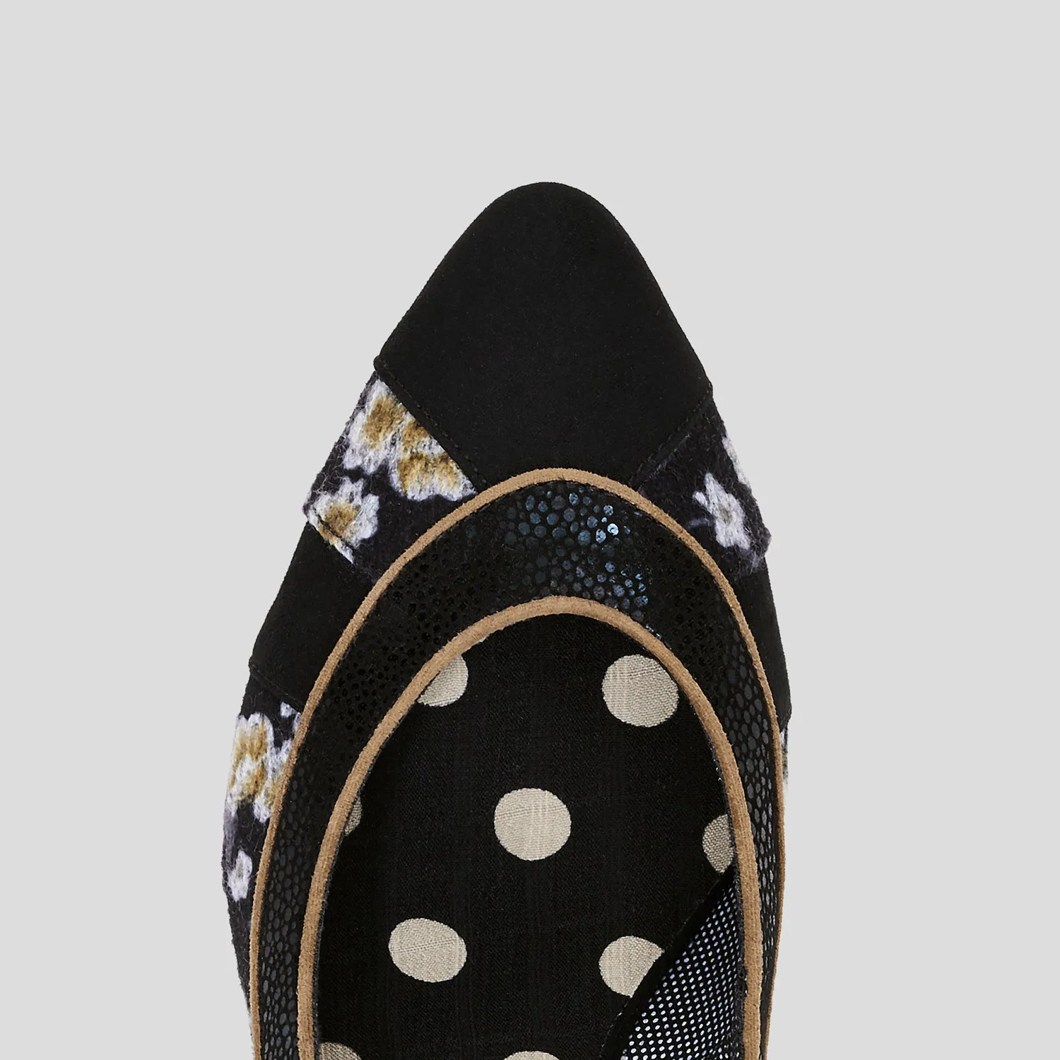 Daphne Black Floral Pointed Court Shoes by Ruby Shoo