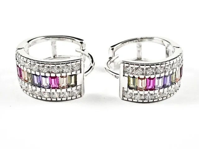 Elegant Multi Row & Color Micro Setting CZ Silver Huggie Earrings