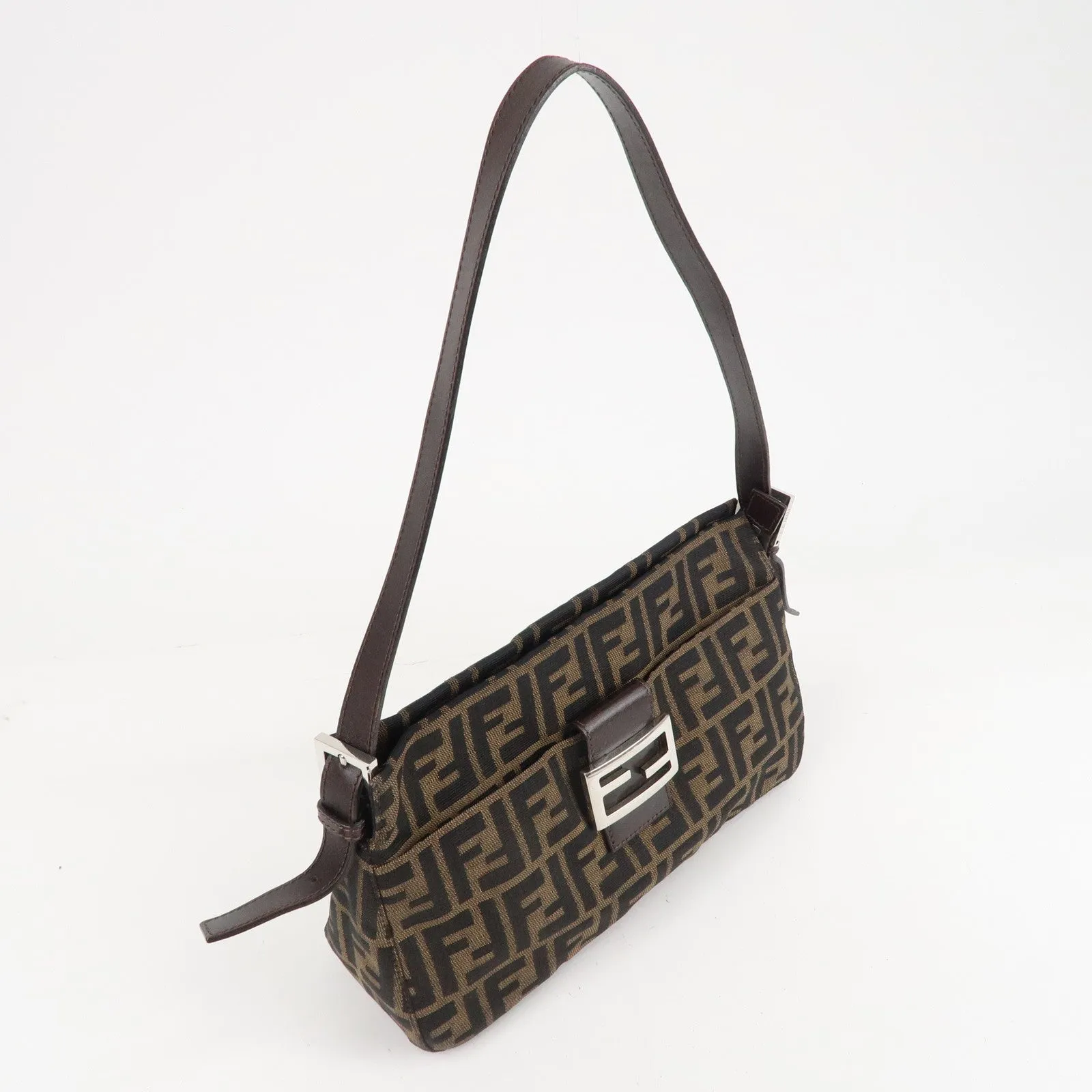 FENDI Zucca Canvas Leather Shoulder Bag Brown Black 26566