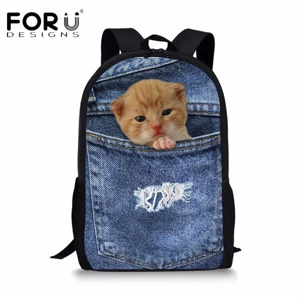 FORUDESIGNS Children School Bags for Teenage Girls Cute Denim Cat Dog Schoolbags Kids Bookbag 3D Cartoon Animal Backpack Mochila