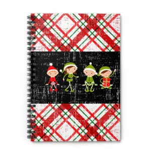 Group of 4 Elves on Plaid Background Spiral Notebook - Ruled Line: Festive Holiday Design