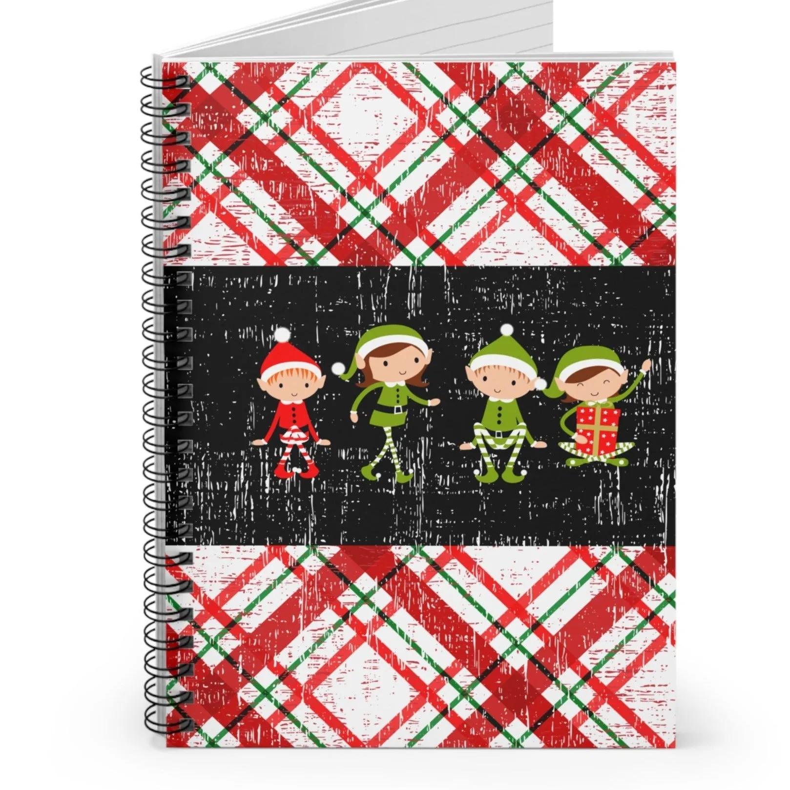 Group of 4 Elves on Plaid Background Spiral Notebook - Ruled Line: Festive Holiday Design