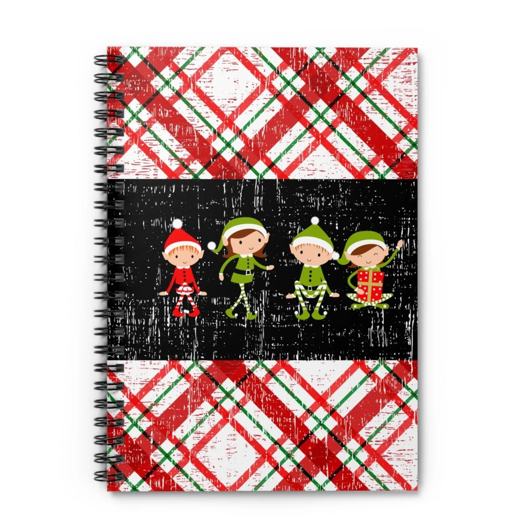 Group of 4 Elves on Plaid Background Spiral Notebook - Ruled Line: Festive Holiday Design
