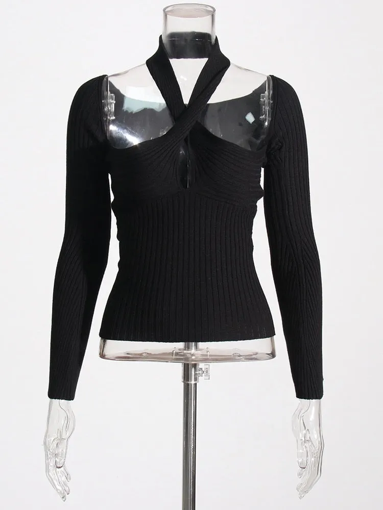 Hollow Out Skinny T Shirt For Women Halter Long Sleeve Solid Knitting Minimalist T Shirts Female Clothing Fashion