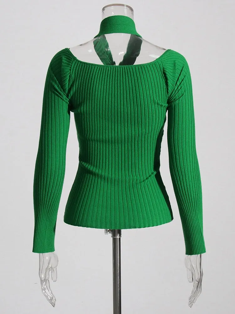 Hollow Out Skinny T Shirt For Women Halter Long Sleeve Solid Knitting Minimalist T Shirts Female Clothing Fashion