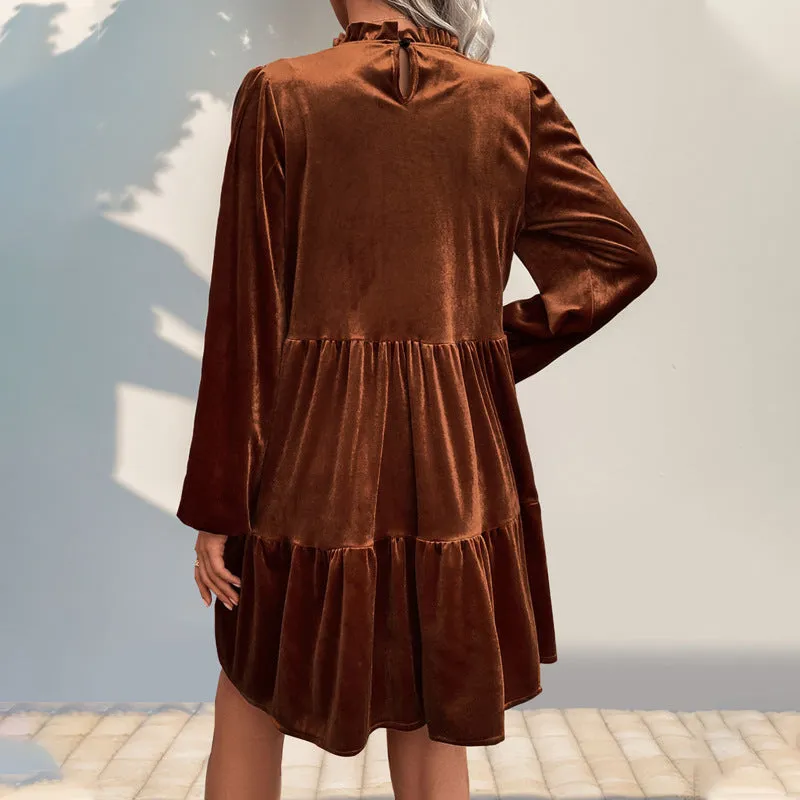 METAVERSMALL popular women's clothing long-sleeved dress new solid color velvet temperament elegant dress