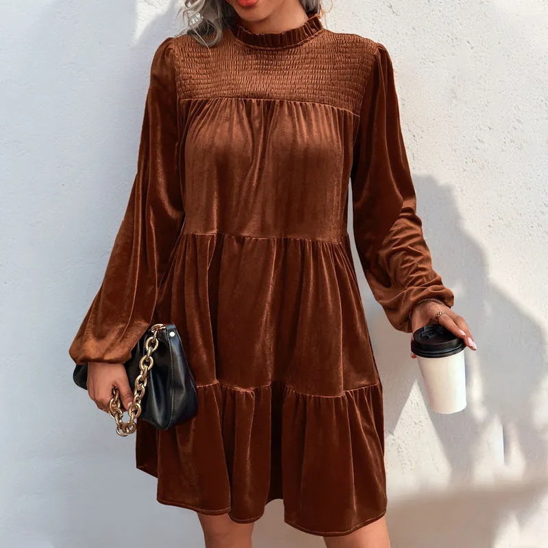 METAVERSMALL popular women's clothing long-sleeved dress new solid color velvet temperament elegant dress
