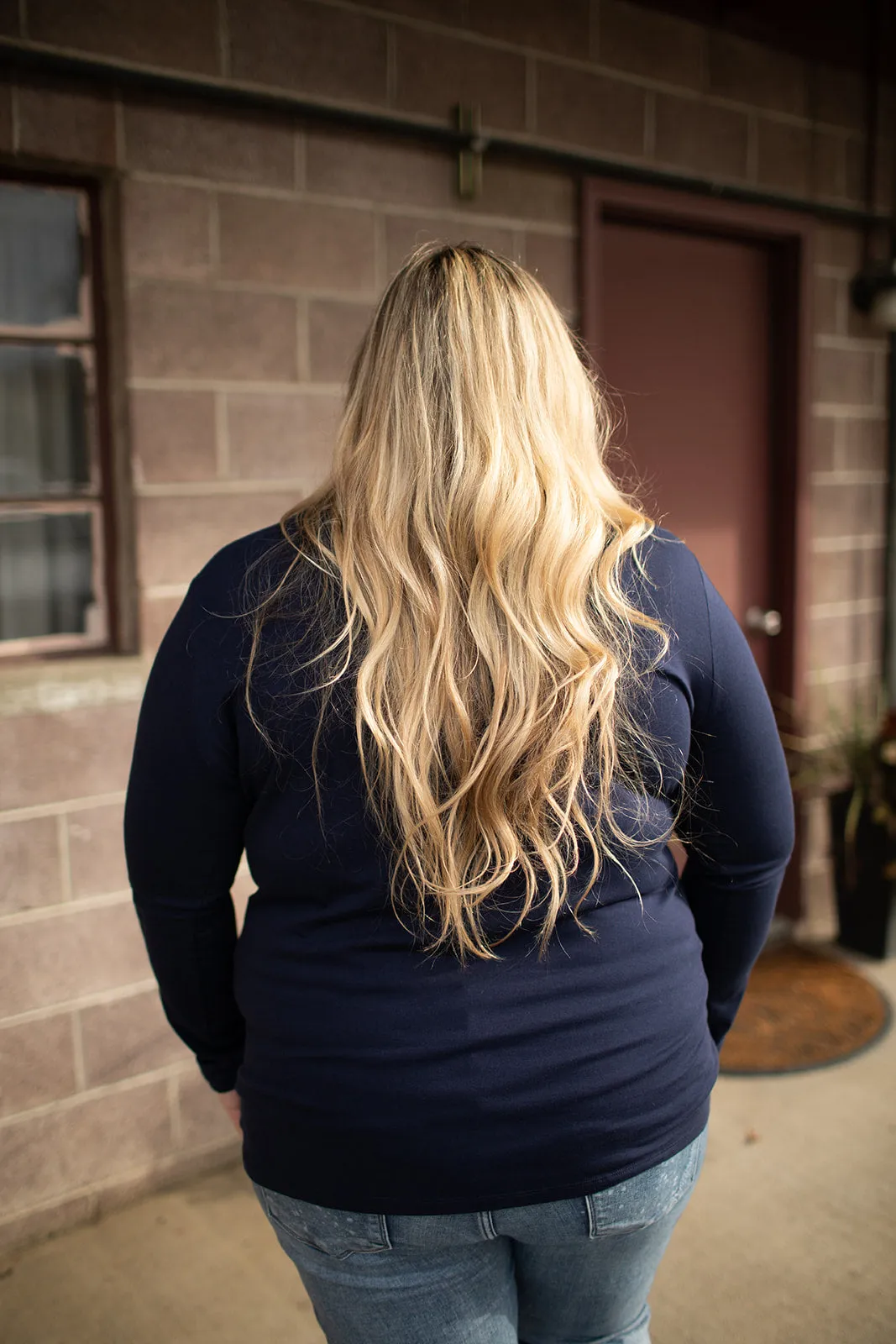 Navy Blue Basic Cotton Vneck Long Sleeve Tee (SM-3X)