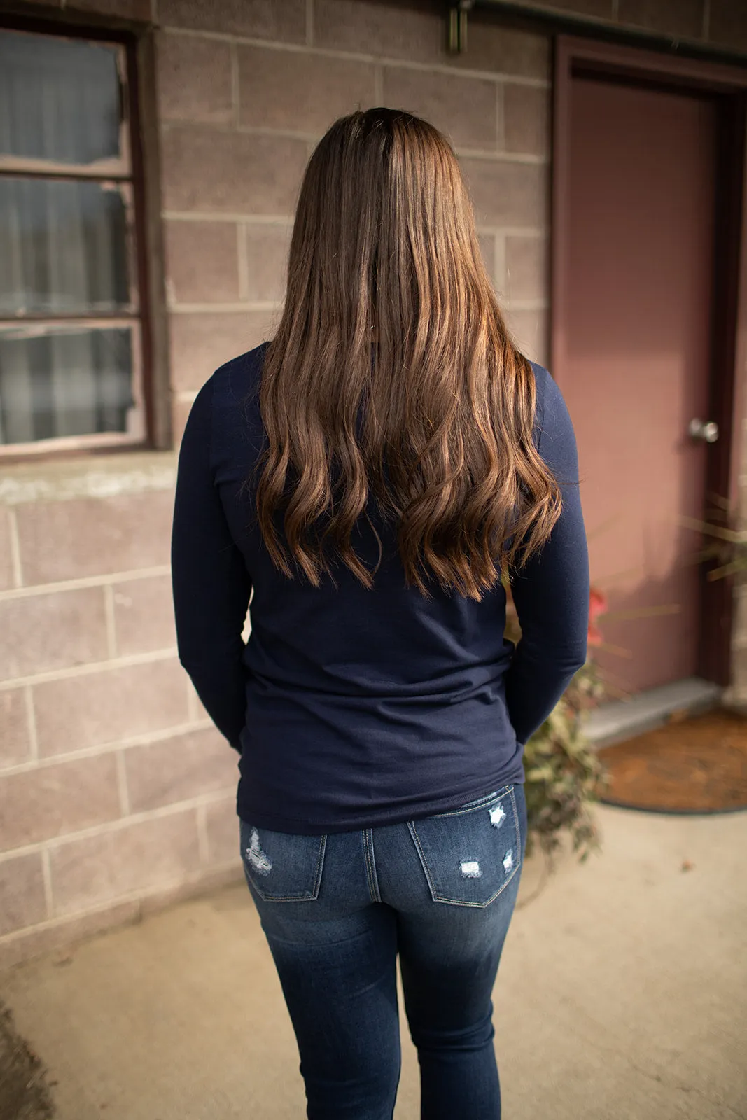 Navy Blue Basic Cotton Vneck Long Sleeve Tee (SM-3X)