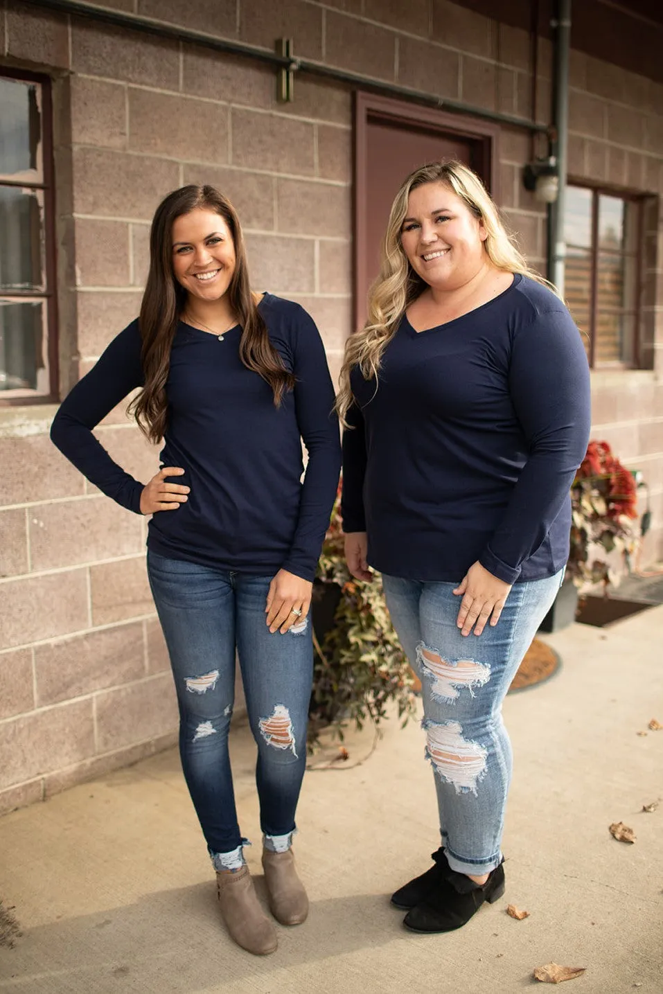 Navy Blue Basic Cotton Vneck Long Sleeve Tee (SM-3X)