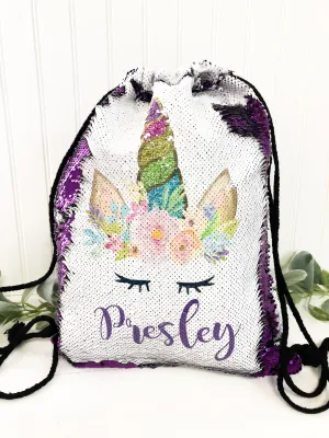 Personalized Unicorn Drawstring Backpack - Watercolor Unicorn - Unicorn Gift - Personalized Backpack