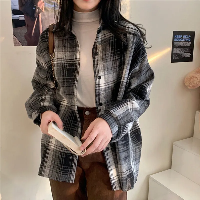 Retro Plaid Women Shirts Vintage Fall Single Breasted Long Sleeve Female Shirt Designed Spring Korean Ladies  Tops