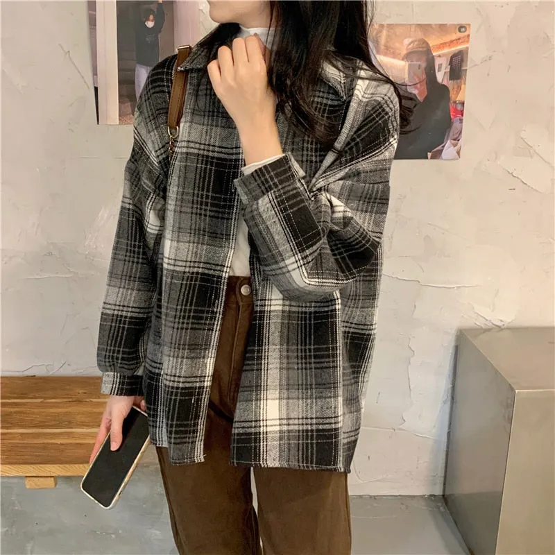 Retro Plaid Women Shirts Vintage Fall Single Breasted Long Sleeve Female Shirt Designed Spring Korean Ladies  Tops