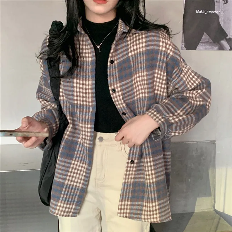 Retro Plaid Women Shirts Vintage Fall Single Breasted Long Sleeve Female Shirt Designed Spring Korean Ladies  Tops