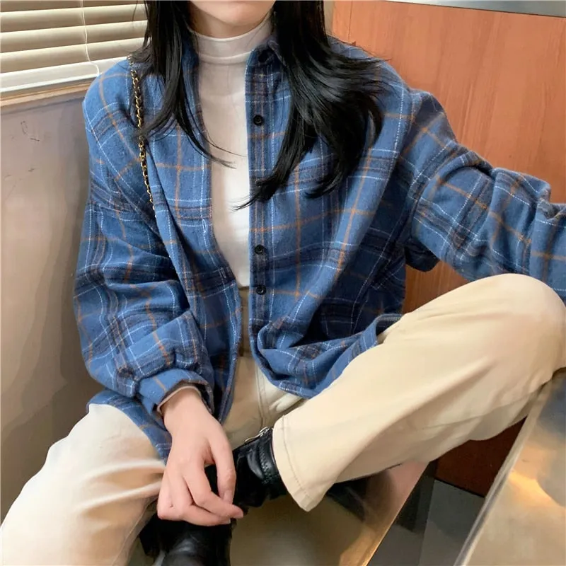 Retro Plaid Women Shirts Vintage Fall Single Breasted Long Sleeve Female Shirt Designed Spring Korean Ladies  Tops