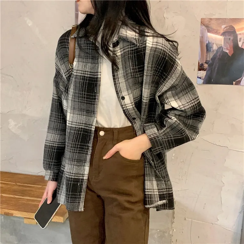 Retro Plaid Women Shirts Vintage Fall Single Breasted Long Sleeve Female Shirt Designed Spring Korean Ladies  Tops