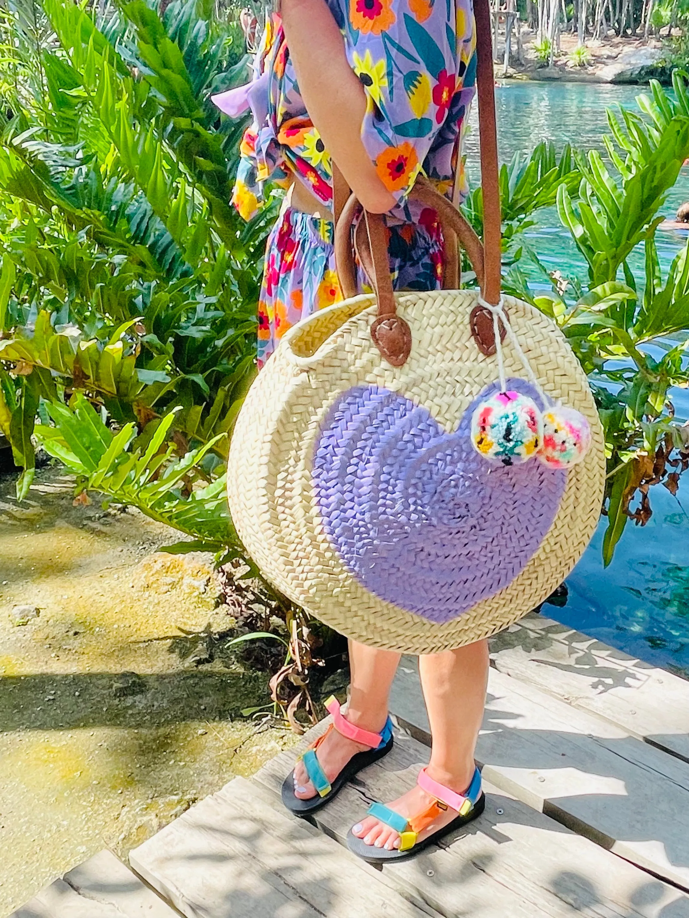 Round  Straw Bag with Poms by Poppy Joy Pompoms - Lavender