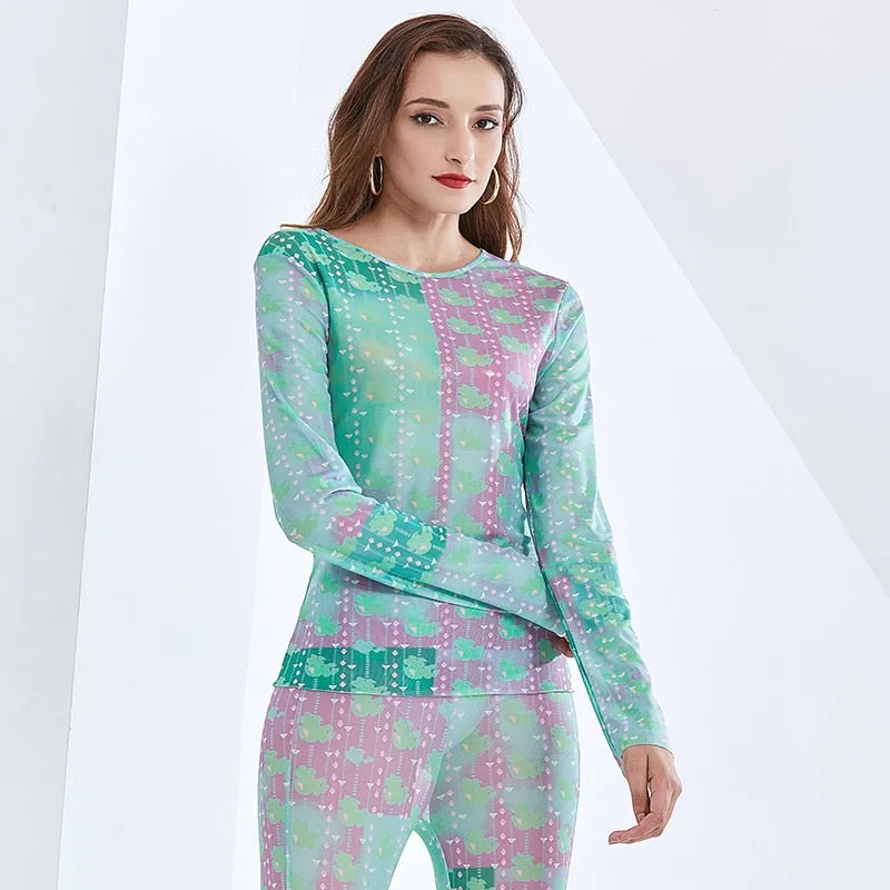 Slim Printed T Shirt For Women O Neck Long Sleeve Hit Color Chic Tops Female Autumn Fashion Clothes Tide