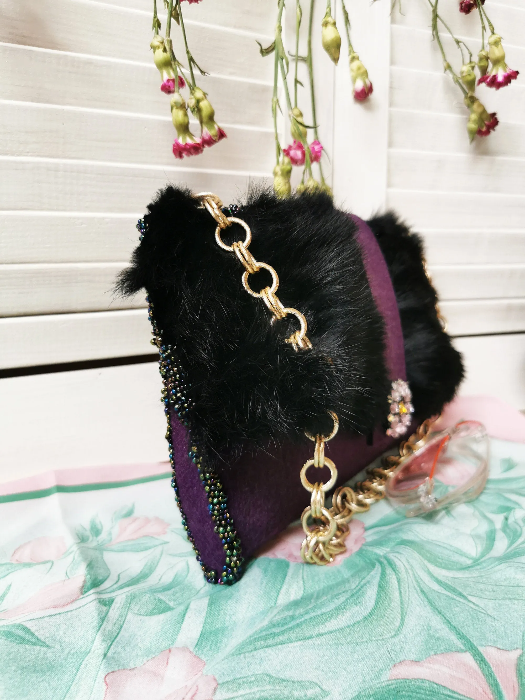 Vintage 90s 00s purple felt & faux fur mini shoulder ba